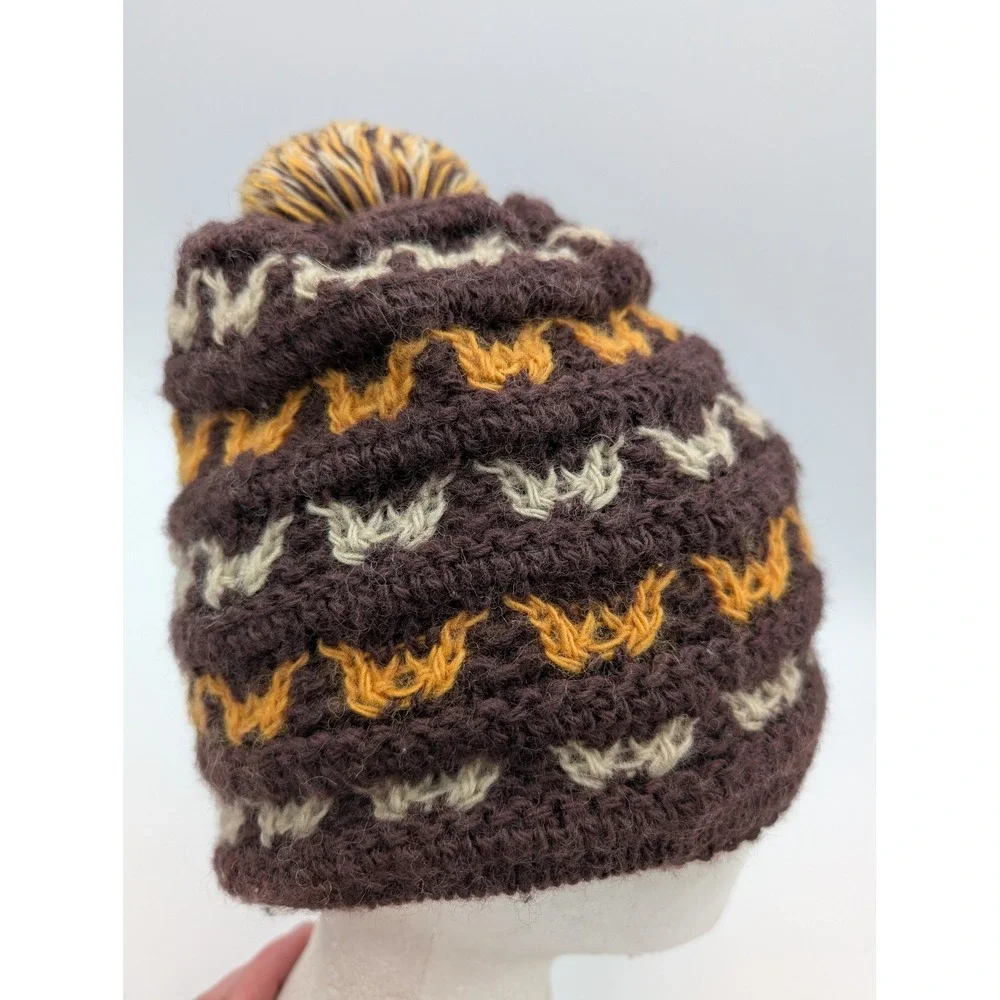 Skitops 100% Ragg Wool Fleece Lined Pom Beanie Brown Orange Knit Hat 11G32607